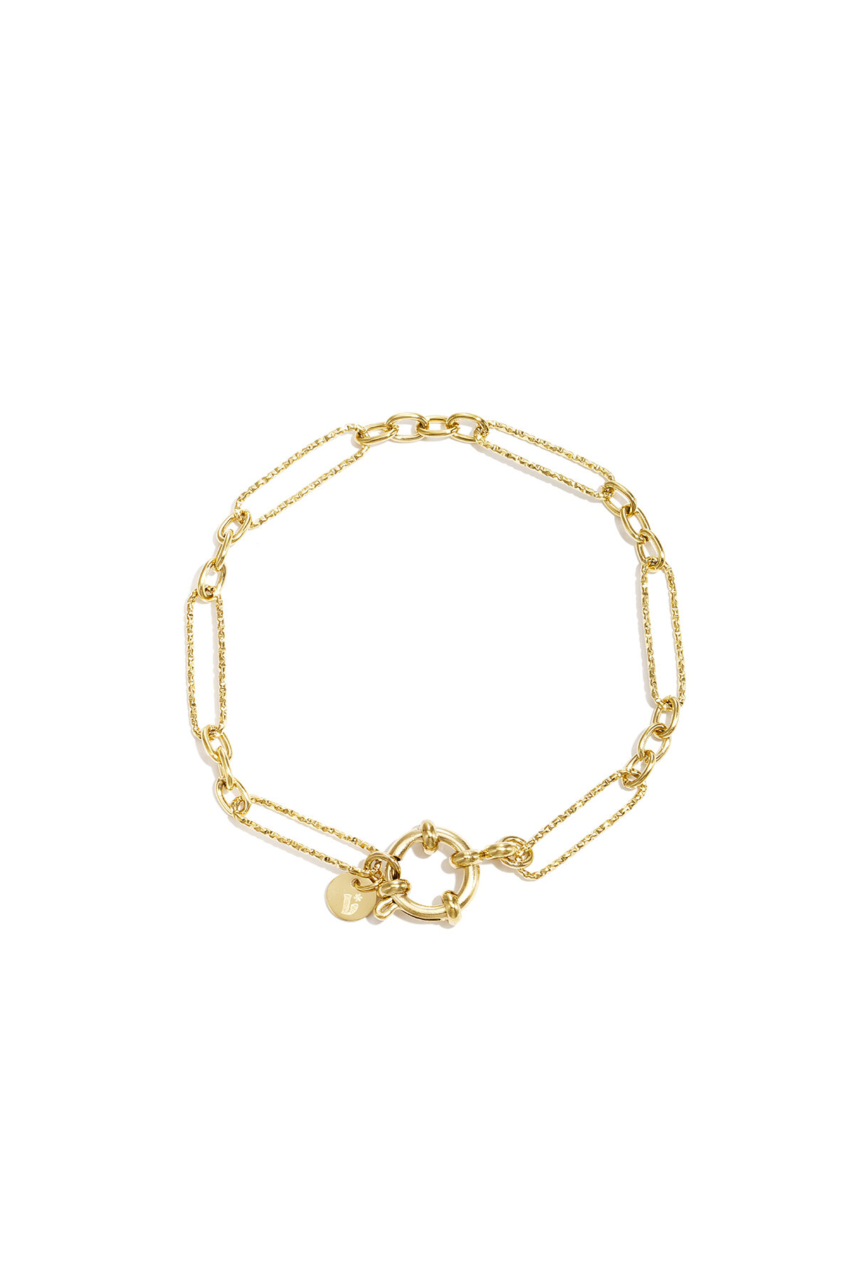Bracelet with front clasp and varying shapes of links 