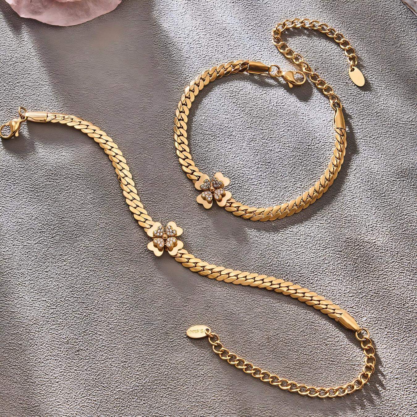 Romantic Flower Stainless Steel Waterproof Gold Color Zircon Women's Chain Necklaces