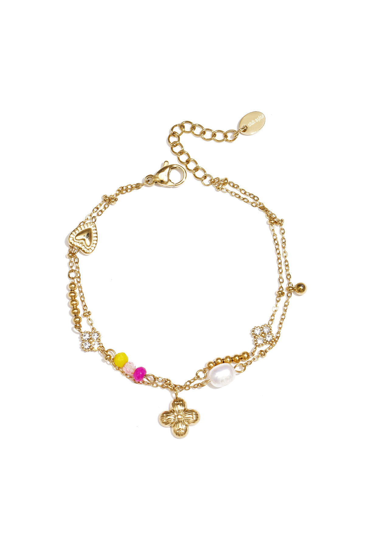 Bracelet with hanging clover, pearl and beads 