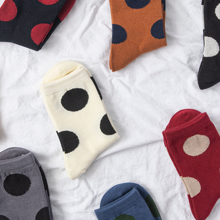 1 par de adorables calcetines de media pantorrilla para mujer con diseño de lunares y bloques de color h5Imagen2