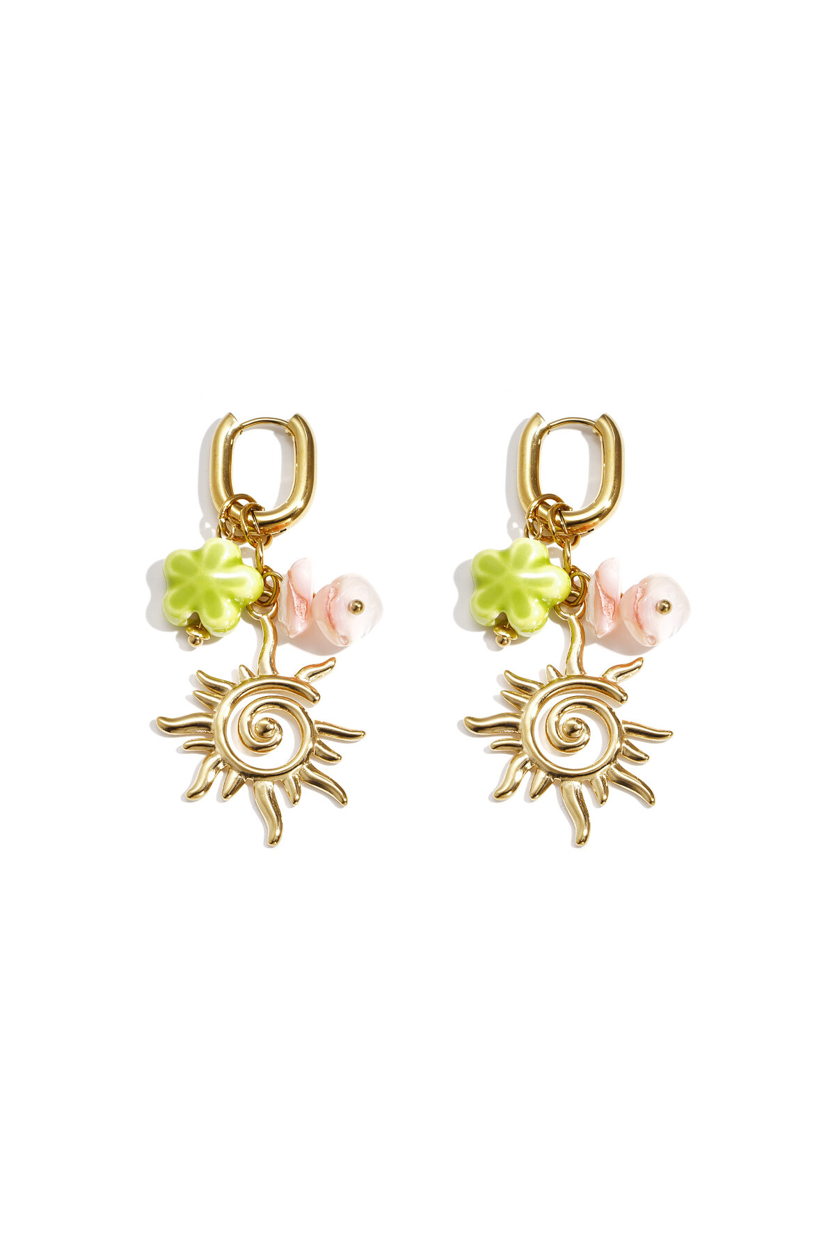 Oval hoop earrings with sun and bead charms h5 