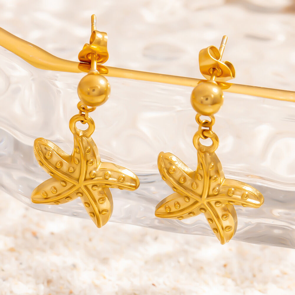 Starfish Stainless Steel Waterproof Gold Color Drop Earrings h5 Picture5