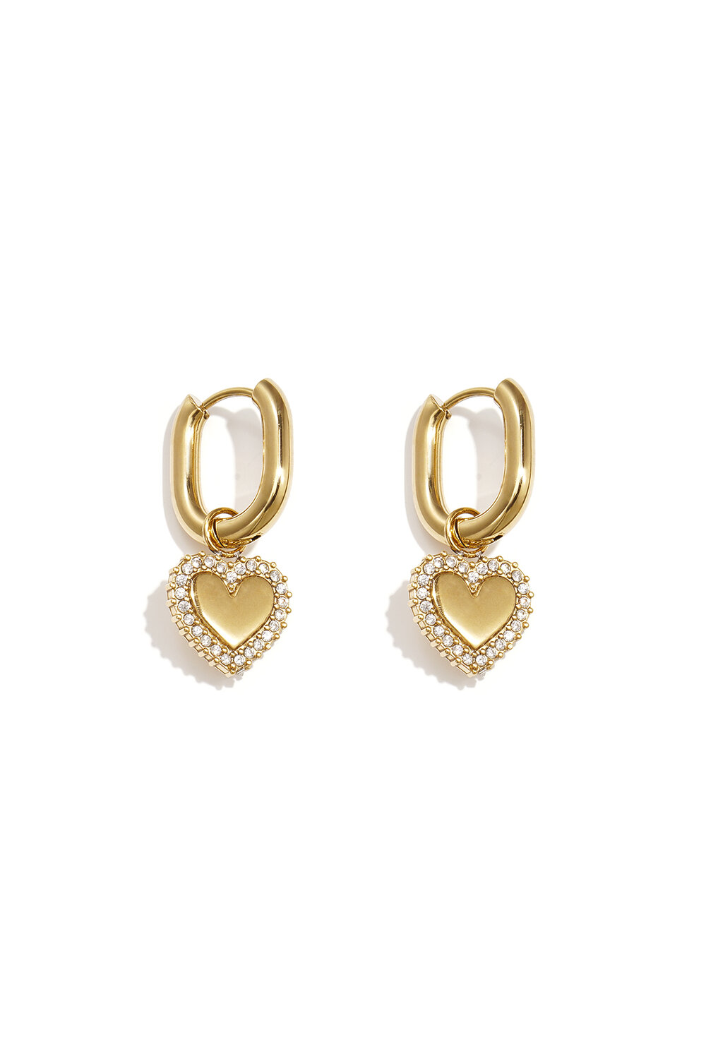 Squoval earrings with heart charms with set edges
