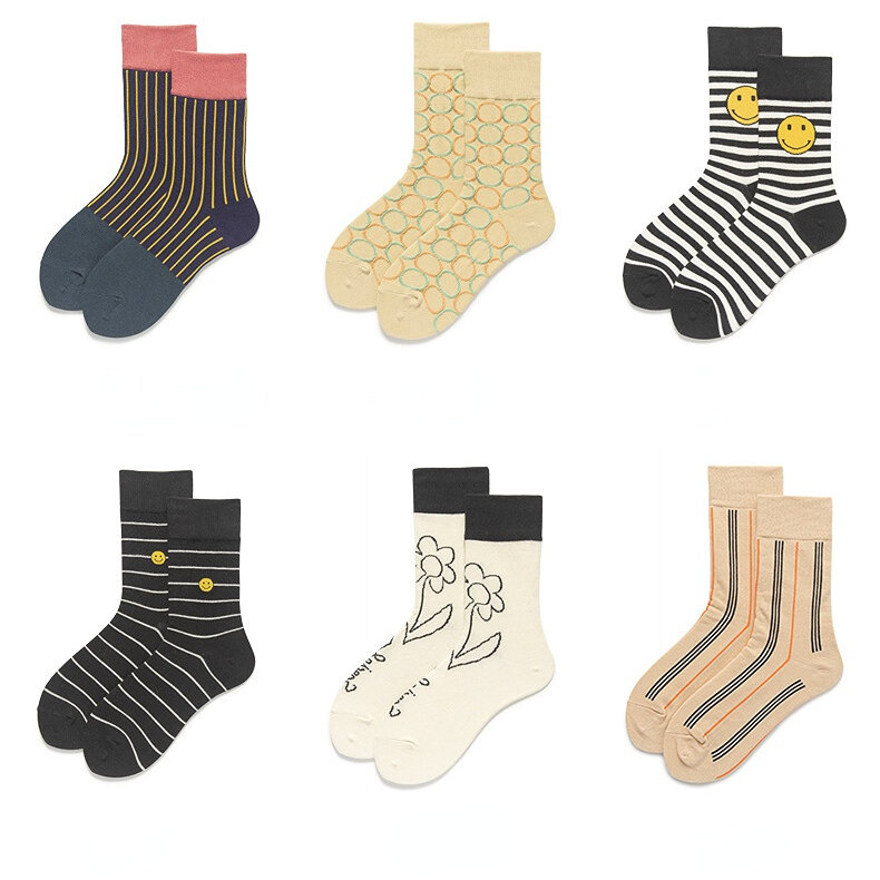 1 Pair Polka - dot and Checkered Comfortable  Cotton Mid-Calf Socks Picture2