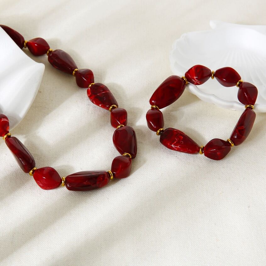 Retro Acrylic Irregular Beads Hematite Gold Color Necklace Set h5Picture3