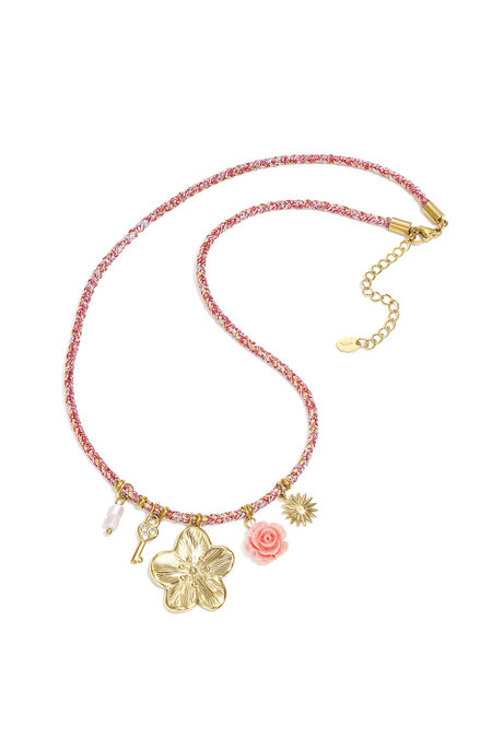 Colorful cord necklace with varying pendants pink 2