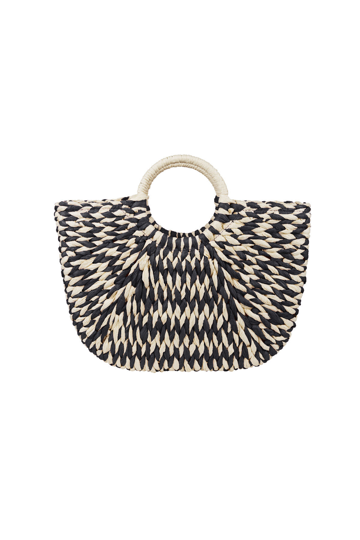 Braided beach bag with round handle - black & white 2
