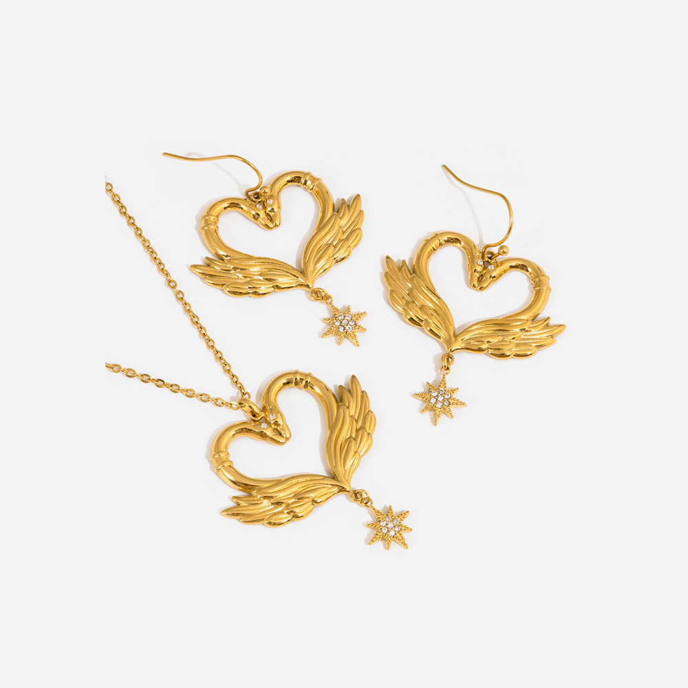 Romantic Series Elegant Swans Stainless Steel Waterproof Gold Color Women's Jewelry Sets