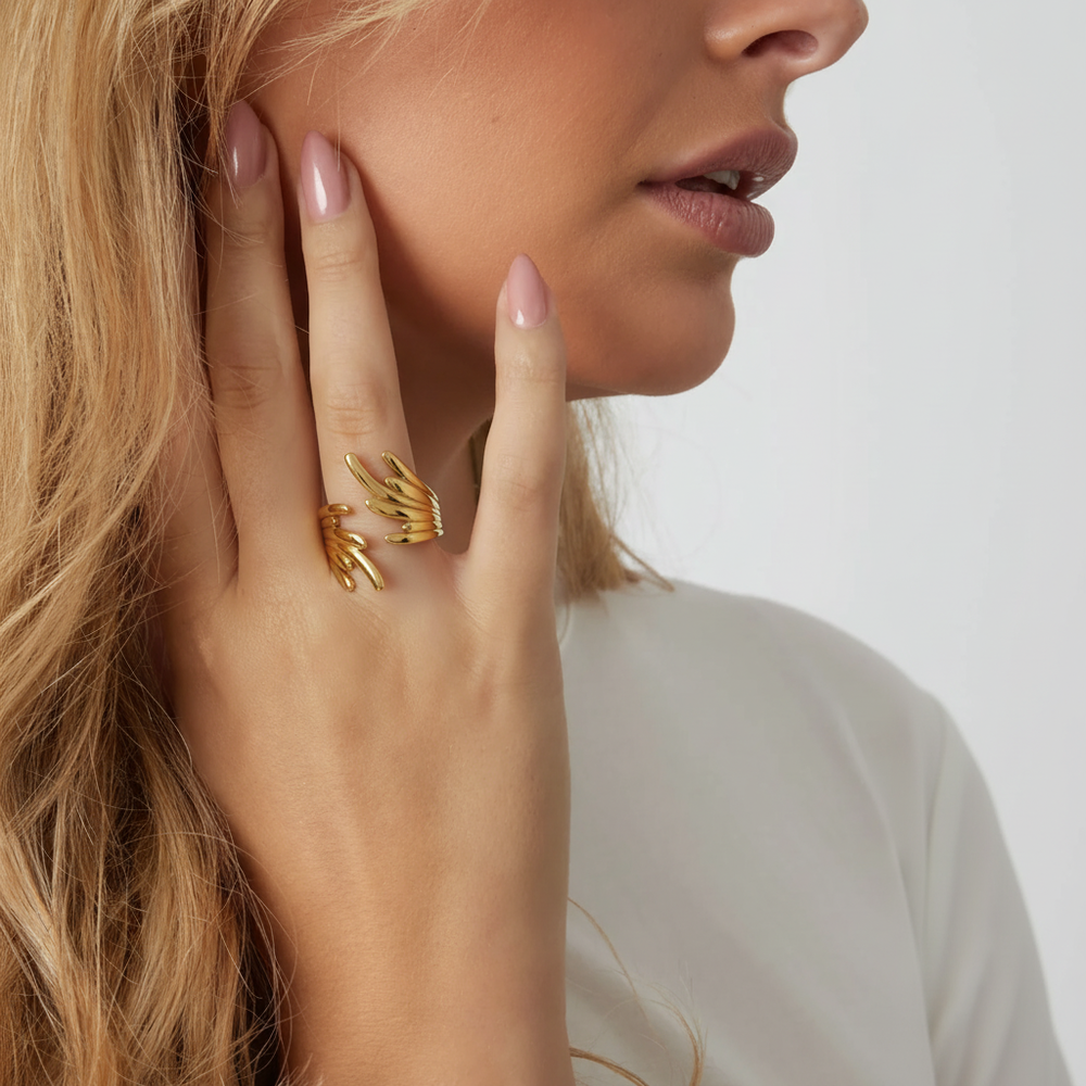 Wings Shape Stainless Steel Waterproof Gold Color Statement Ring h5 Picture2