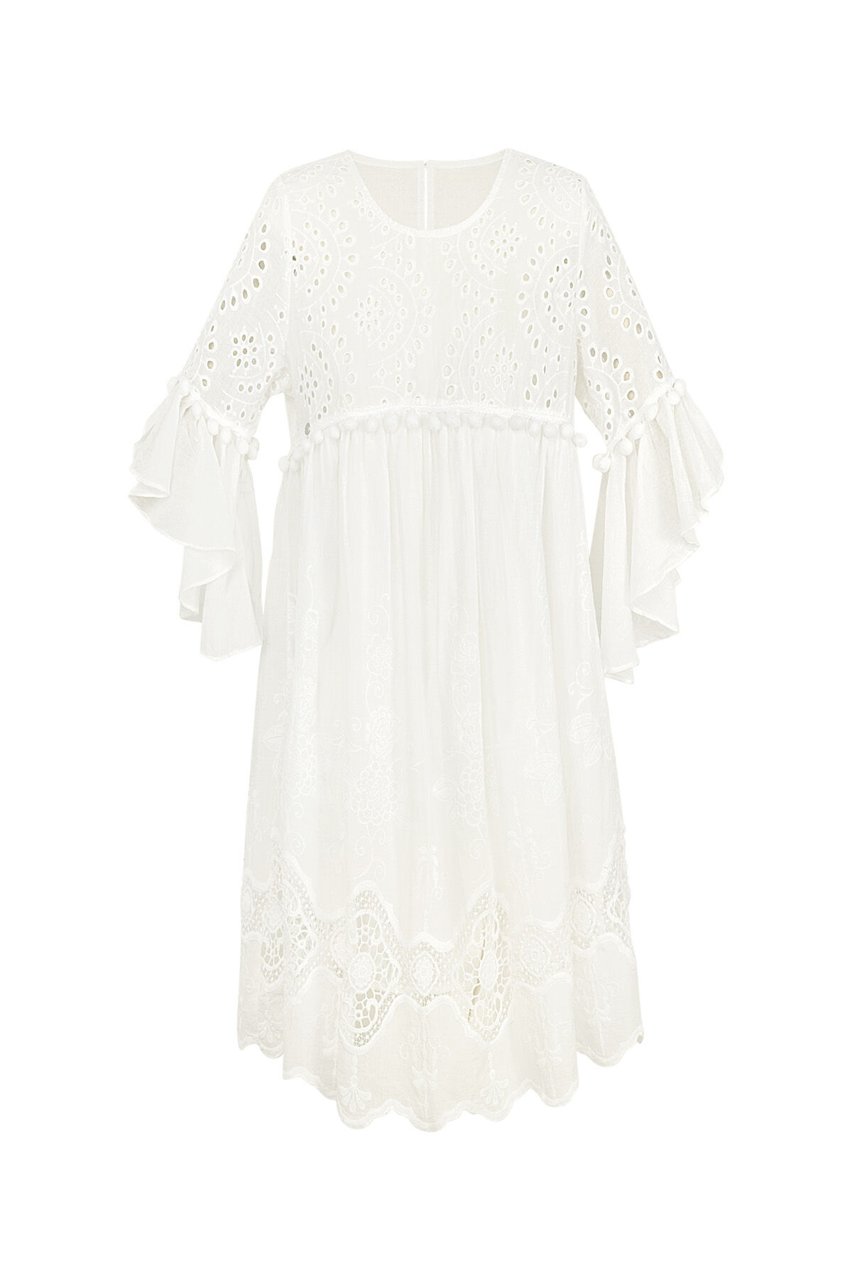 Baumwolle Damen Mini Kleid Bestickte Volants Ärmel 2