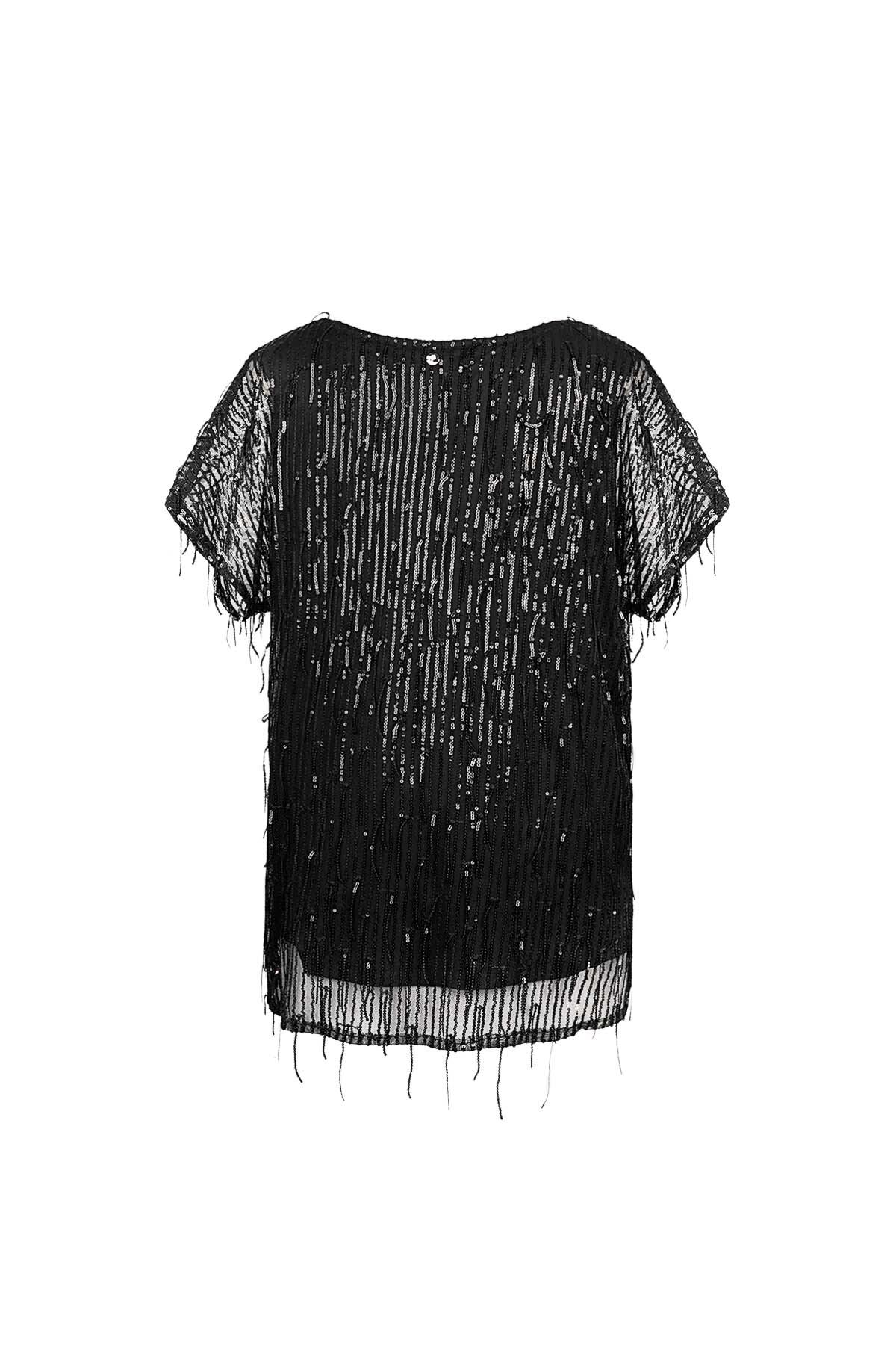Zwarte Glittertop voor Vrouwen met Tassels en Doorzichtige Mouwen h5 Afbeelding7