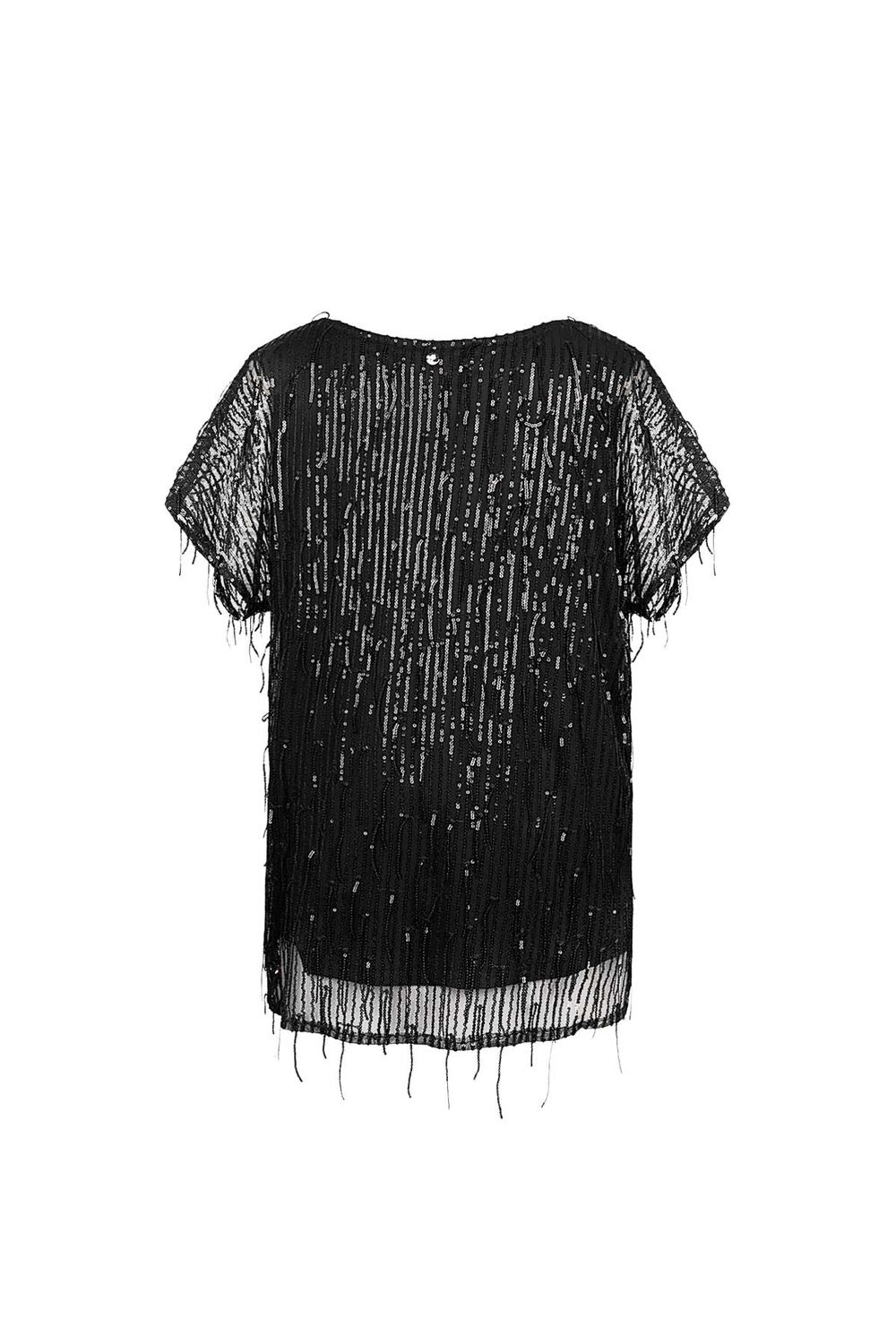 Zwarte Glittertop voor Vrouwen met Tassels en Doorzichtige Mouwen h5Afbeelding7