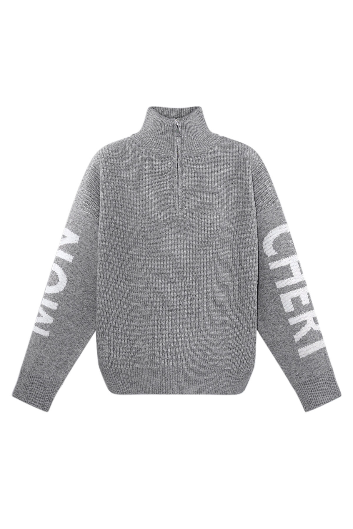 Knitted Wool Blend Women's Quarter-Zip Sweater Graphic Sleeve Design (Pack with plastic bag)