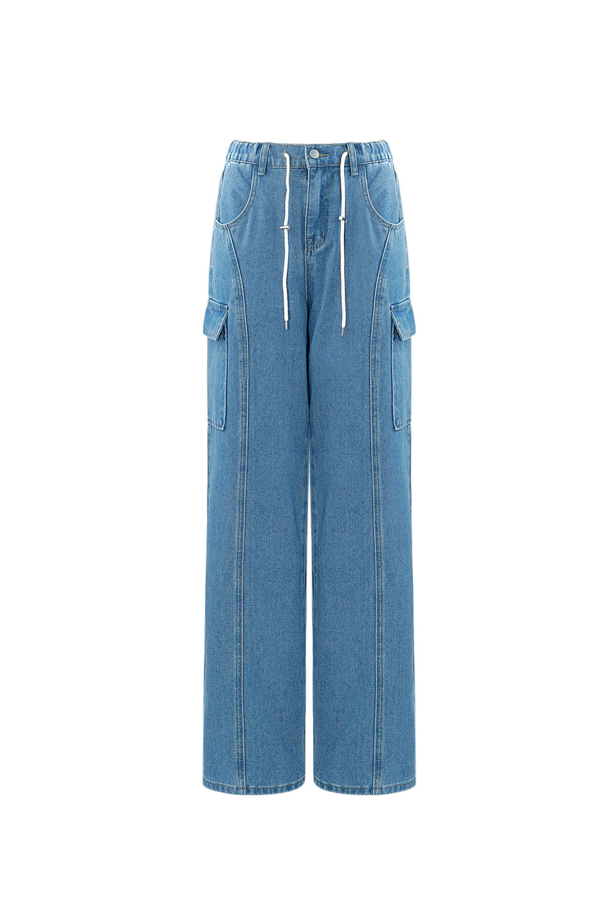 Cotone Tessuto Pantaloni Dritti Donna Casual Colore Puro Indaco Medio h5 Immagine5