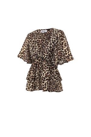 Women's Leopard Print V-Neck Blouse With Ruffled Hem And Short Flared Sleeves h5 Picture6
