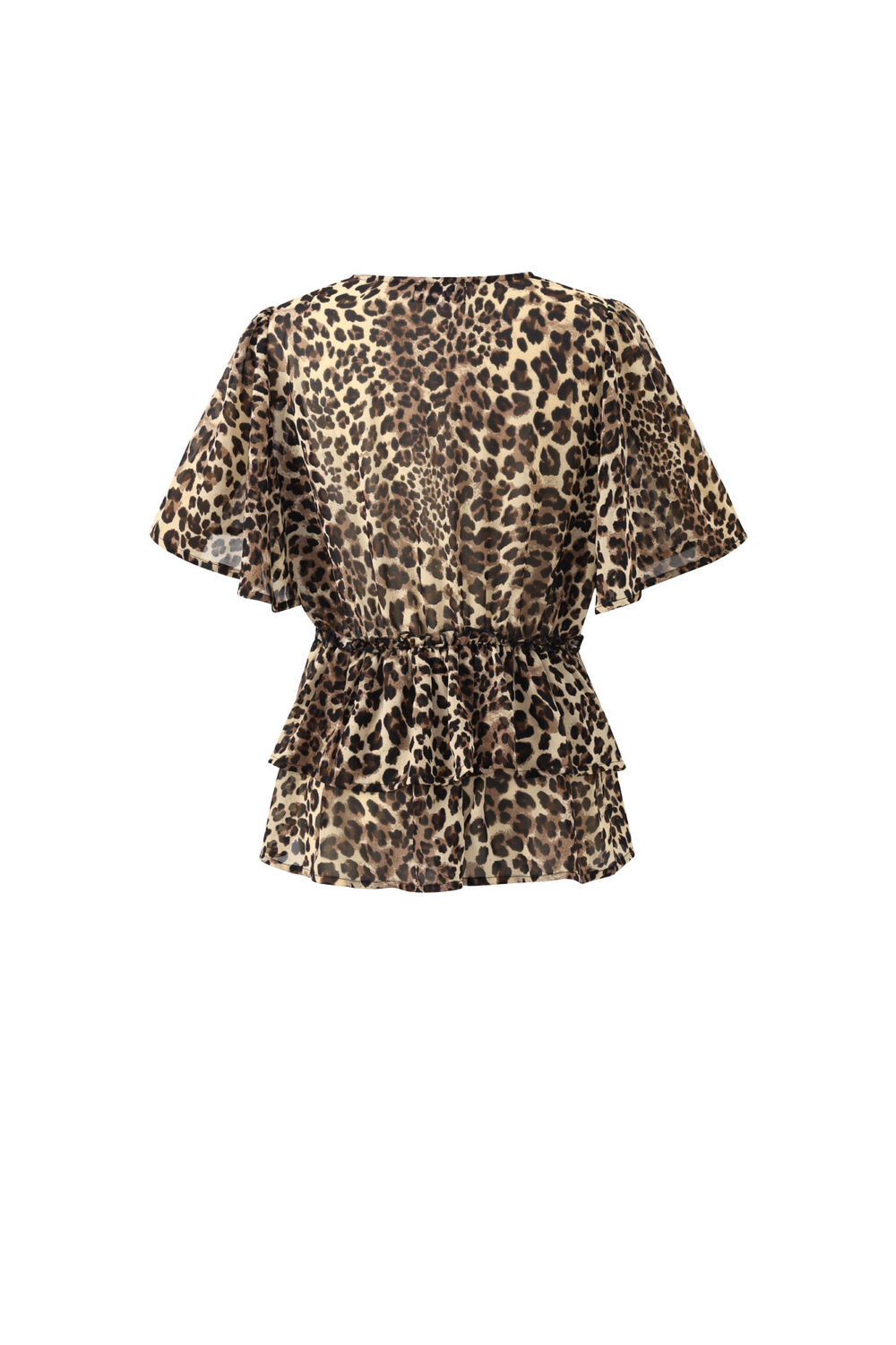 Women's Leopard Print V-Neck Blouse With Ruffled Hem And Short Flared Sleeves h5Picture7