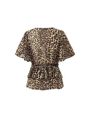 Women's Leopard Print V-Neck Blouse With Ruffled Hem And Short Flared Sleeves h5 Picture7