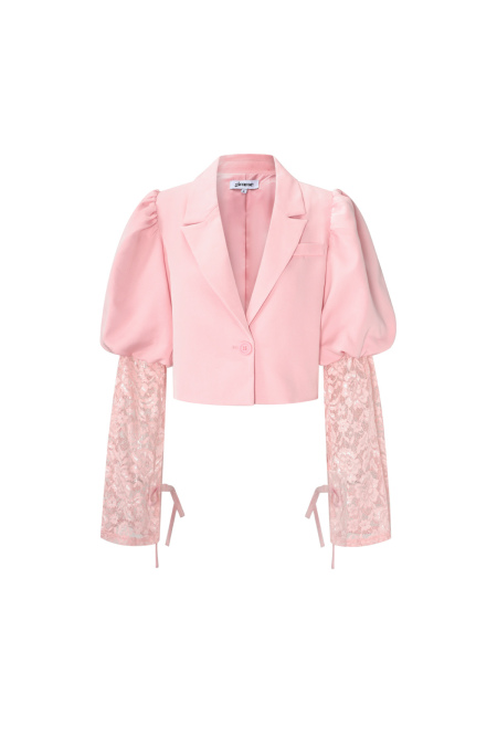 Cotton Blend Women's Blazer Puff Sleeve Lace Insert 2