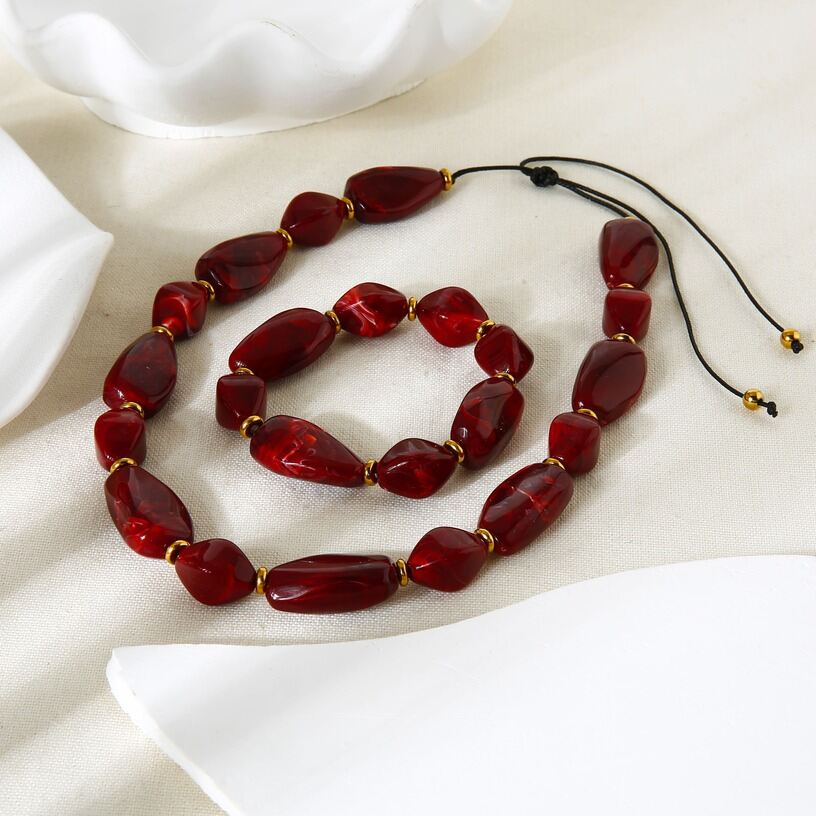 Retro Acrylic Irregular Beads Hematite Gold Color Necklace Set 2