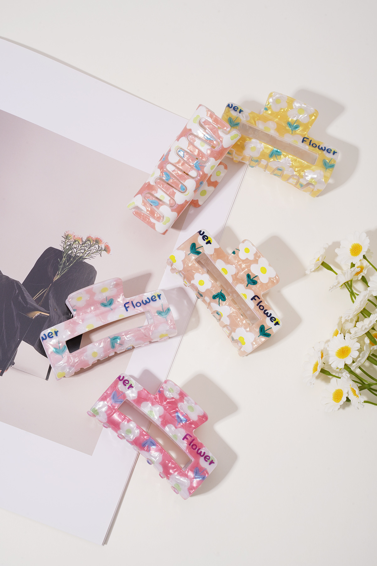 Pinzas para el pelo con flores, accesorios casuales de acrílico para uso diario Imagen5
