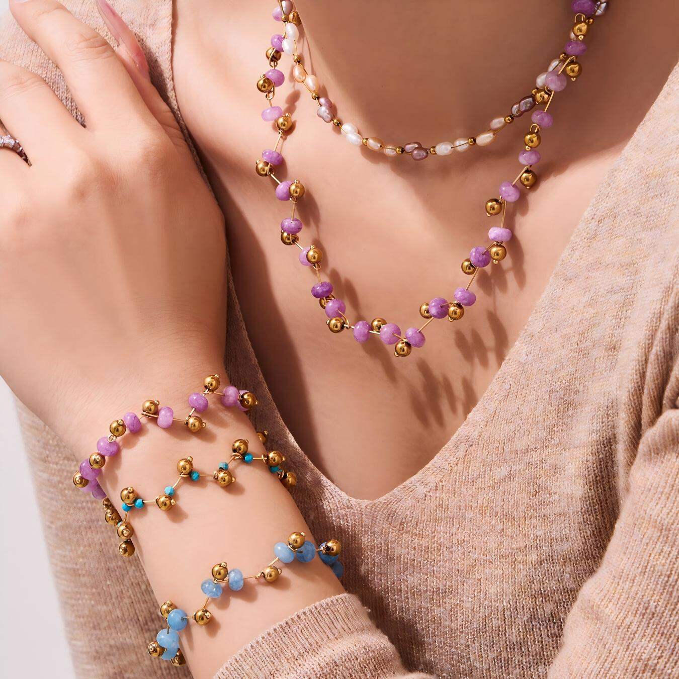 Daily Natural Stone Beads Stainless Steel Gold Color Women's Chain Necklaces