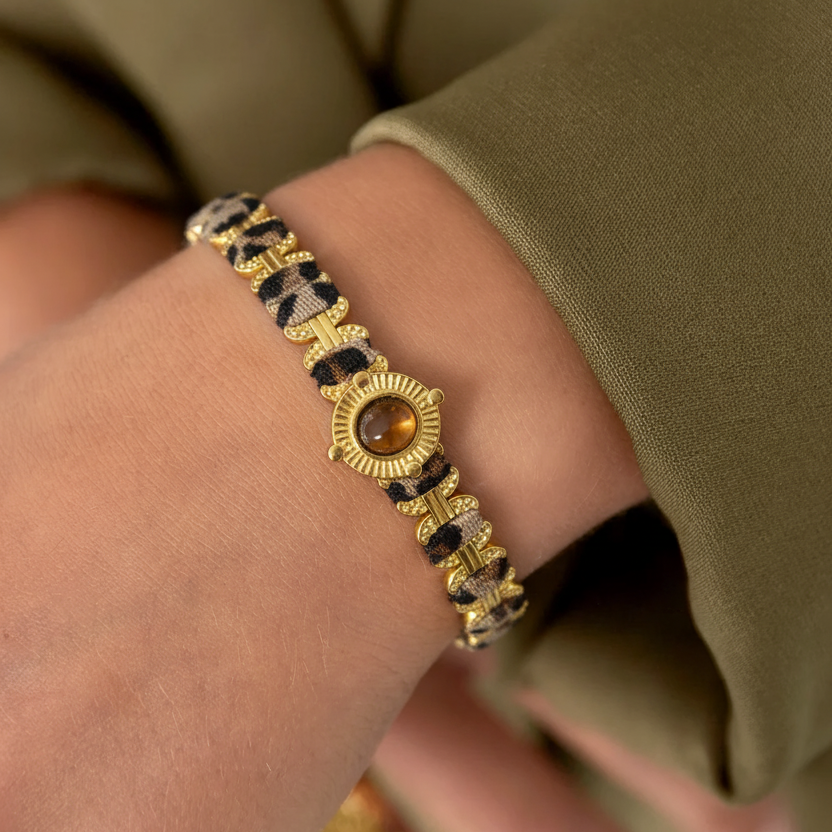 Bracelet manchette en acier inoxydable étanche, pierre naturelle et tissu imprimé léopard 2