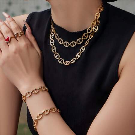 Classic Circle Stainless Steel Waterproof Gold Color Zircon Women's Chain Necklaces