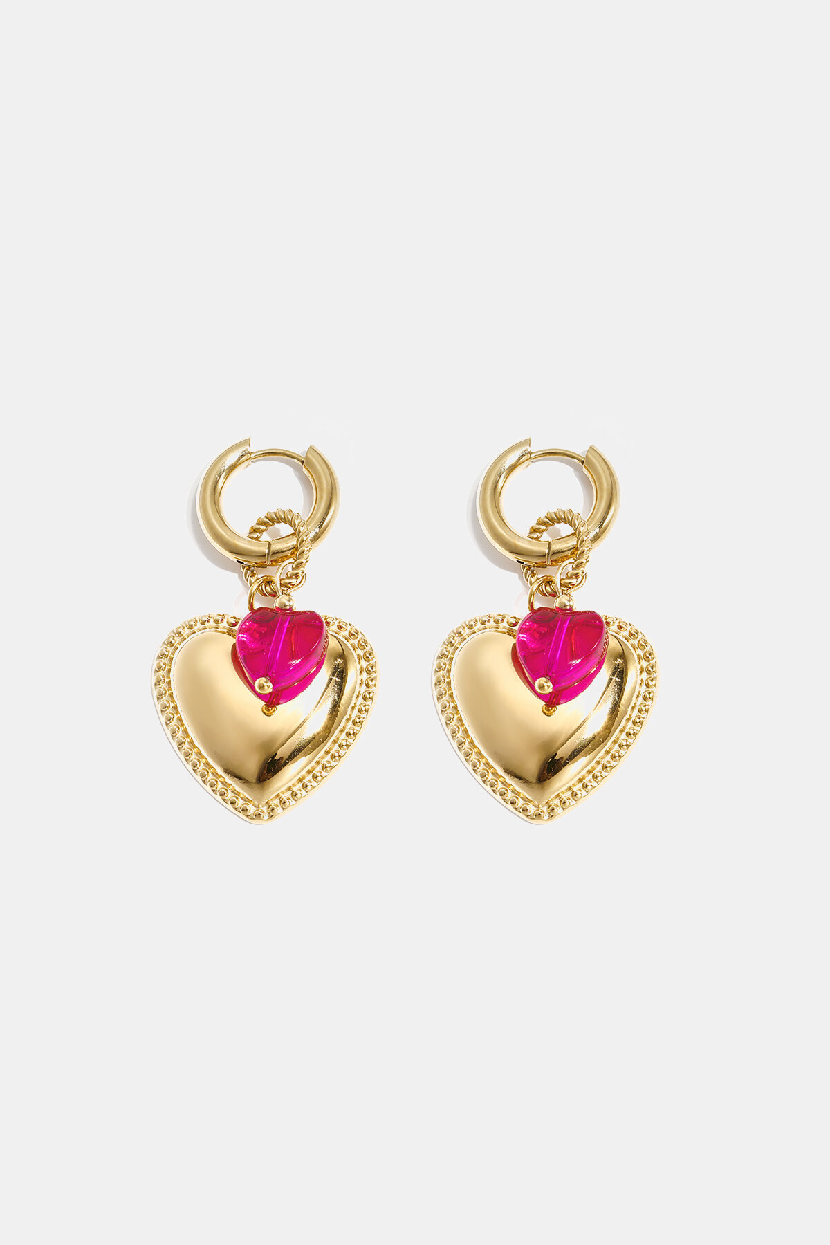 Hoop earrings with heart pendant and bead on ring h5
