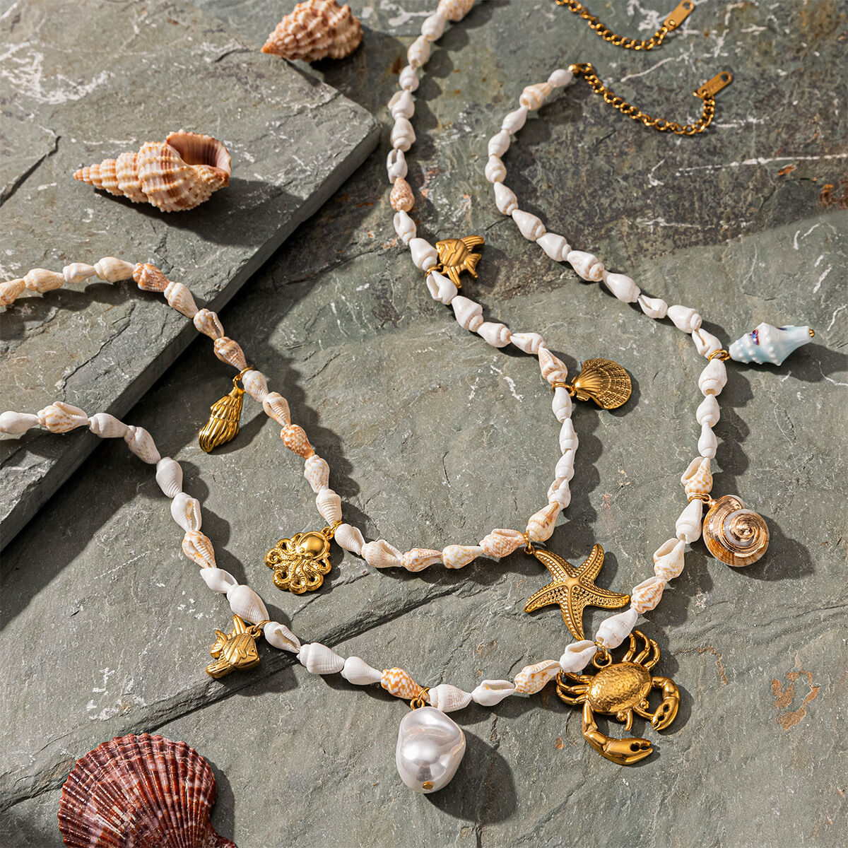 1 Piece Stainless Steel Waterproof  Gold Color Shell Beaded Necklaces