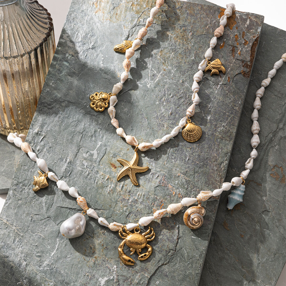 1 Piece Stainless Steel Waterproof  Gold Color Shell Beaded Necklaces 2