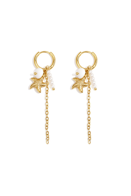 Small hoop earrings with starfish, chain, pearls and bead