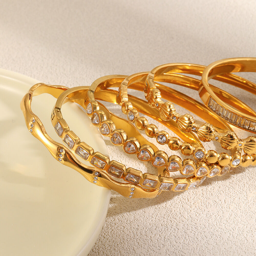 Simple Heart Rectangle Stainless Steel Waterproof Gold Color Zircon Women's Bangles h5Picture3