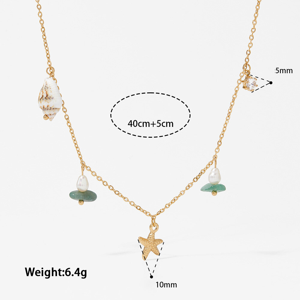 Oceanic Style Starfish Stainless Steel Waterproof Gold Color Natural Stone Zircon Shell Women's Pendant Necklaces h5 Picture4
