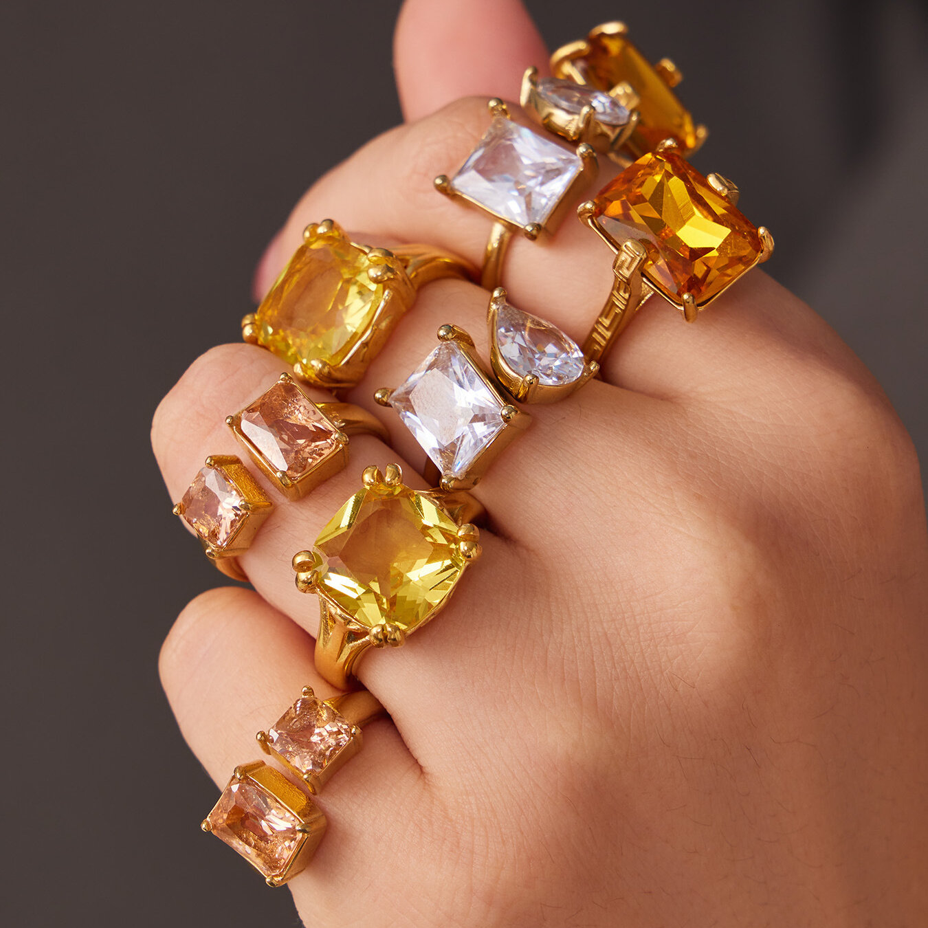 Luxurious Simple Rectangle Stainless Steel Waterproof Gold Color Zircon Women's Gemstone Rings