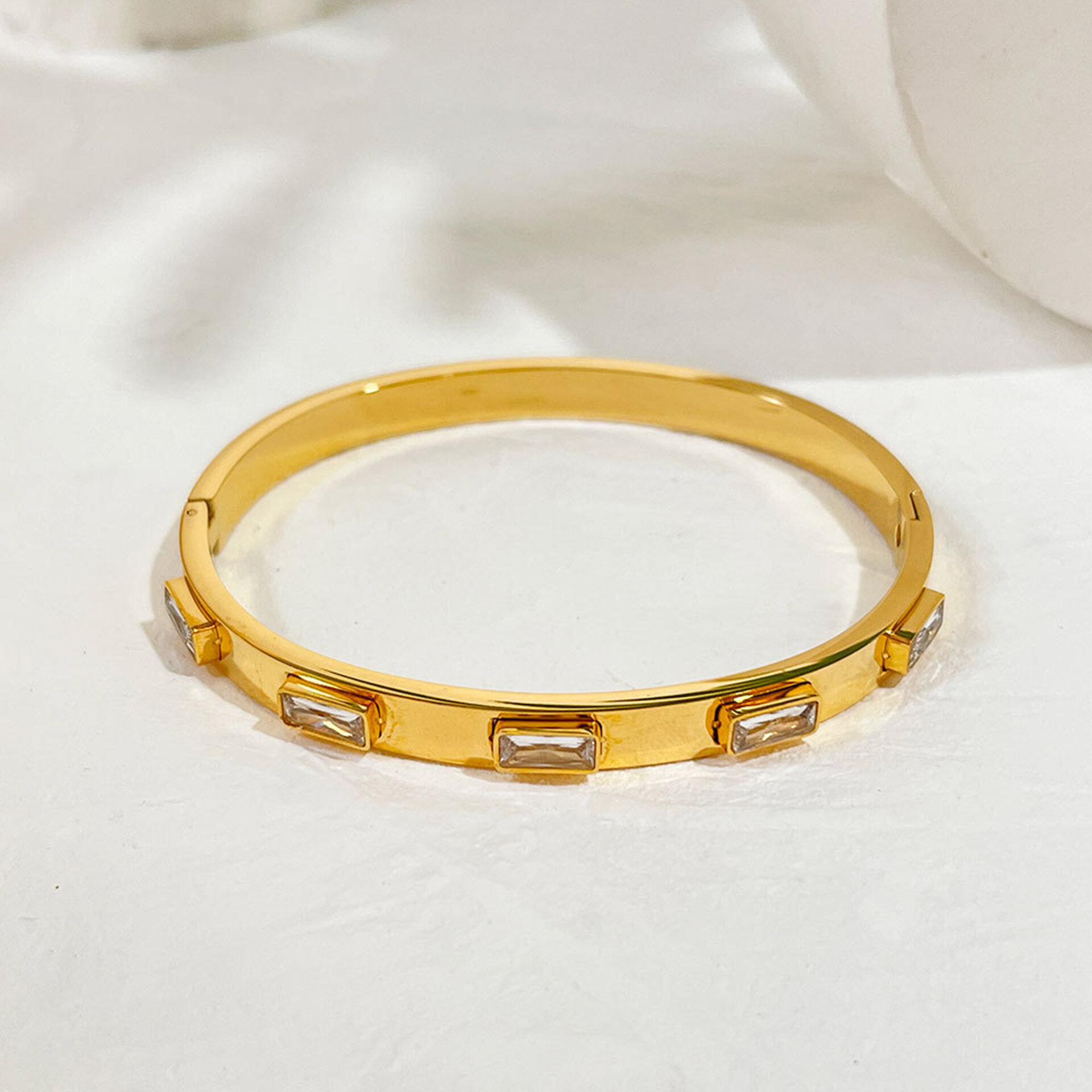 Luxurious Series Simple Rectangle Stainless Steel Waterproof Gold Color Zircon Women's Bangles