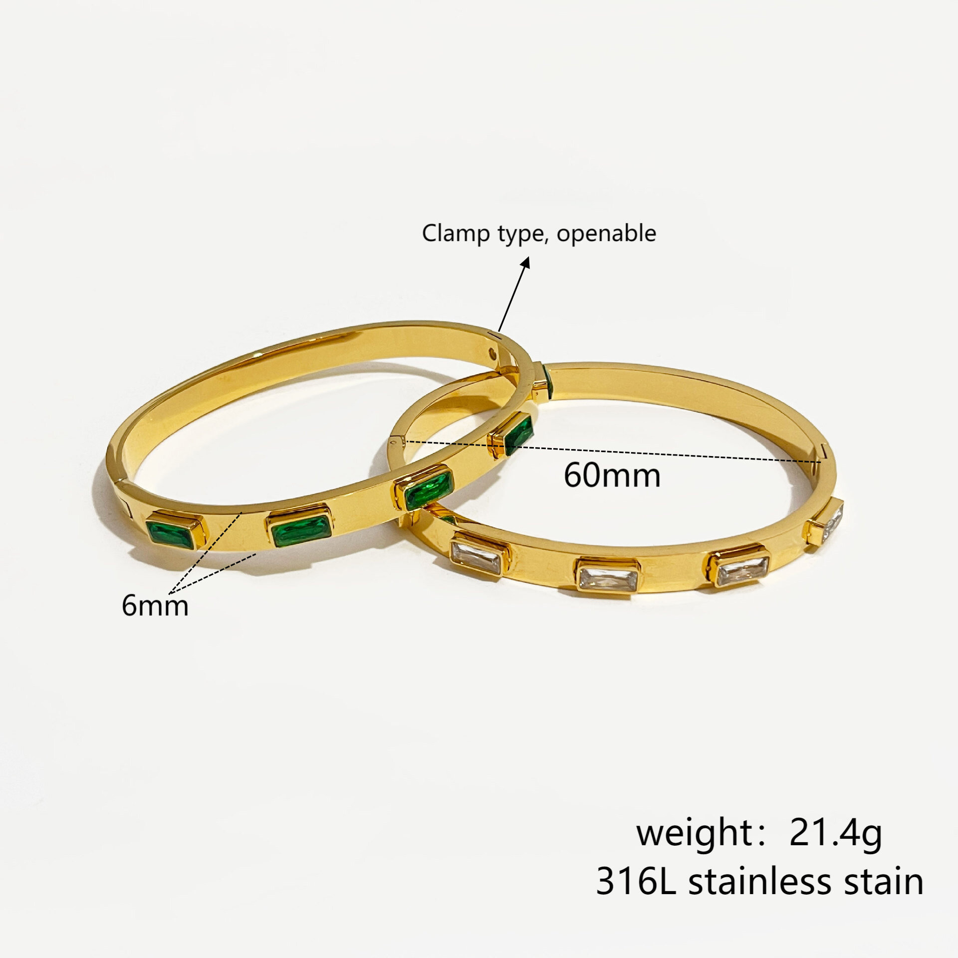 Luxurious Series Simple Rectangle Stainless Steel Waterproof Gold Color Zircon Women's Bangles h5 Picture4