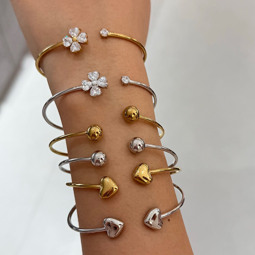 Flower Heart Stainless Steel Waterproof Gold Color Zircon Women's Cuff Bracelets