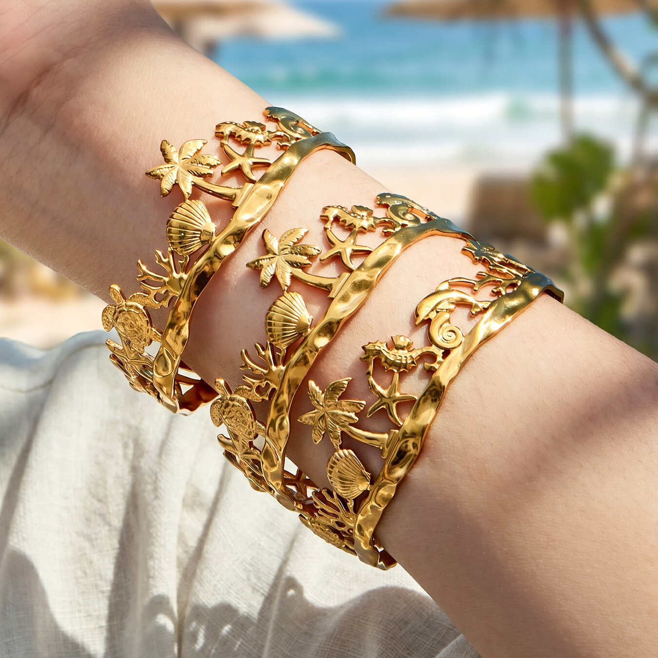 Vacation Oceanic Style Shell Stainless Steel Waterproof Gold Color Women's Cuff Bracelets