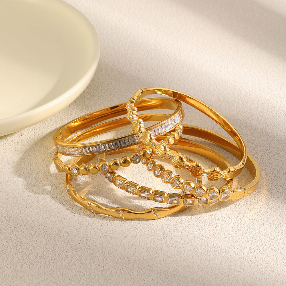 Simple Heart Rectangle Stainless Steel Waterproof Gold Color Zircon Women's Bangles h5Picture4