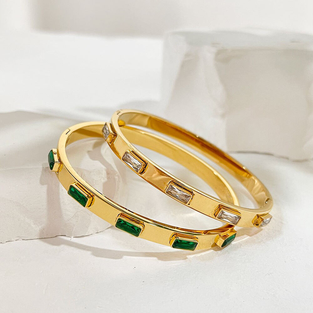 Luxurious Series Simple Rectangle Stainless Steel Waterproof Gold Color Zircon Women's Bangles