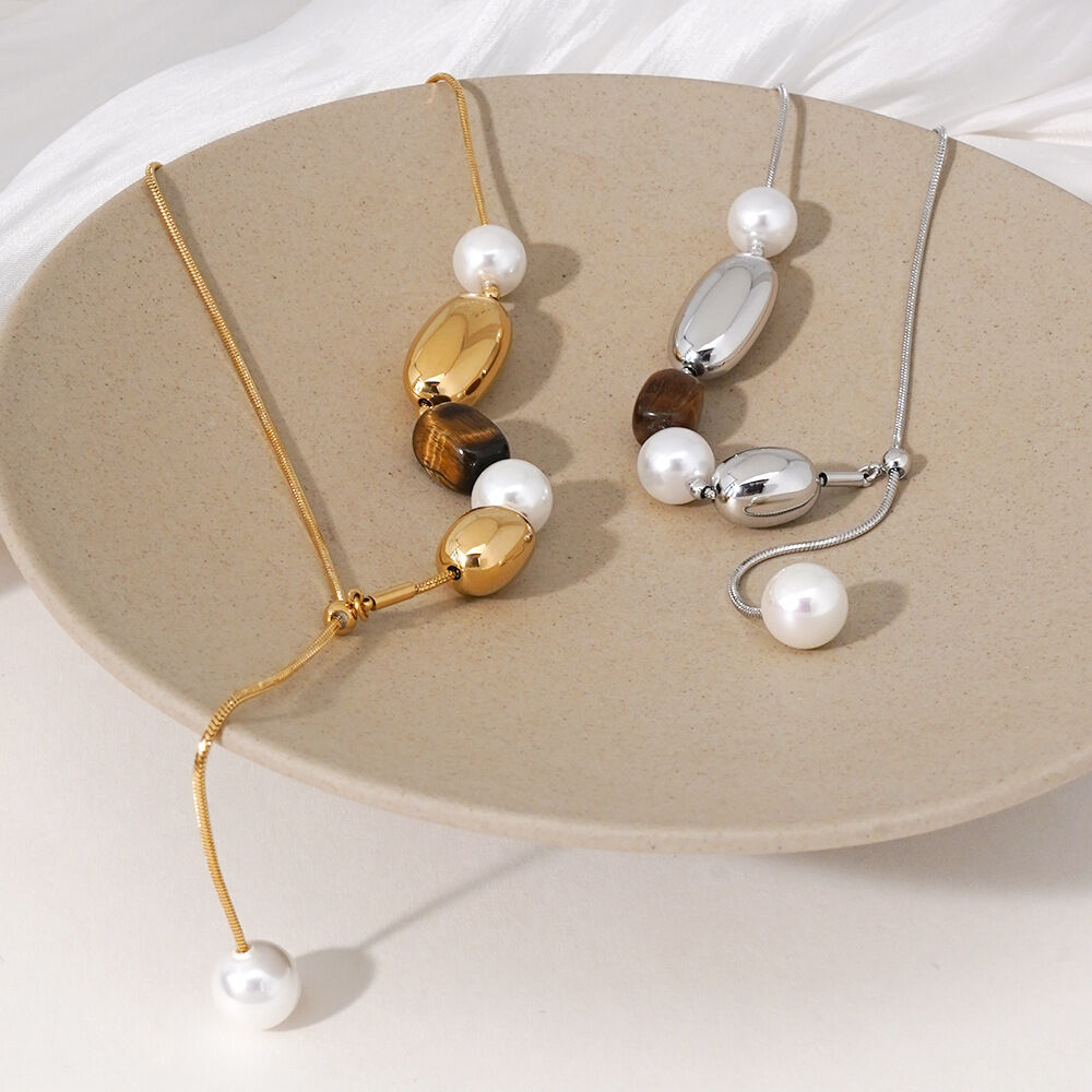 Collares de cuentas para mujer de acero inoxidable, impermeables, color dorado, con perlas y piedras naturales, estilo retro.