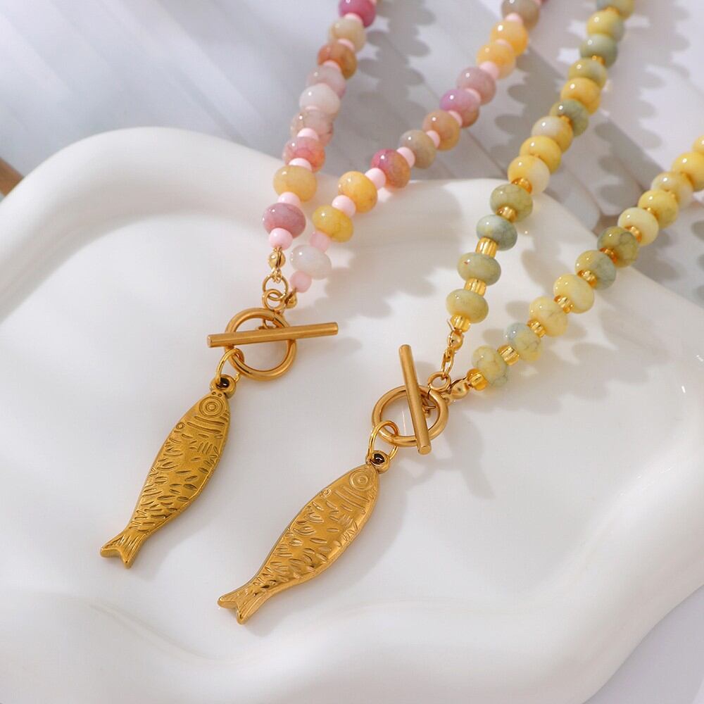 Vacation Beads Natural Stones Fish Pendant Women's Beaded Necklaces