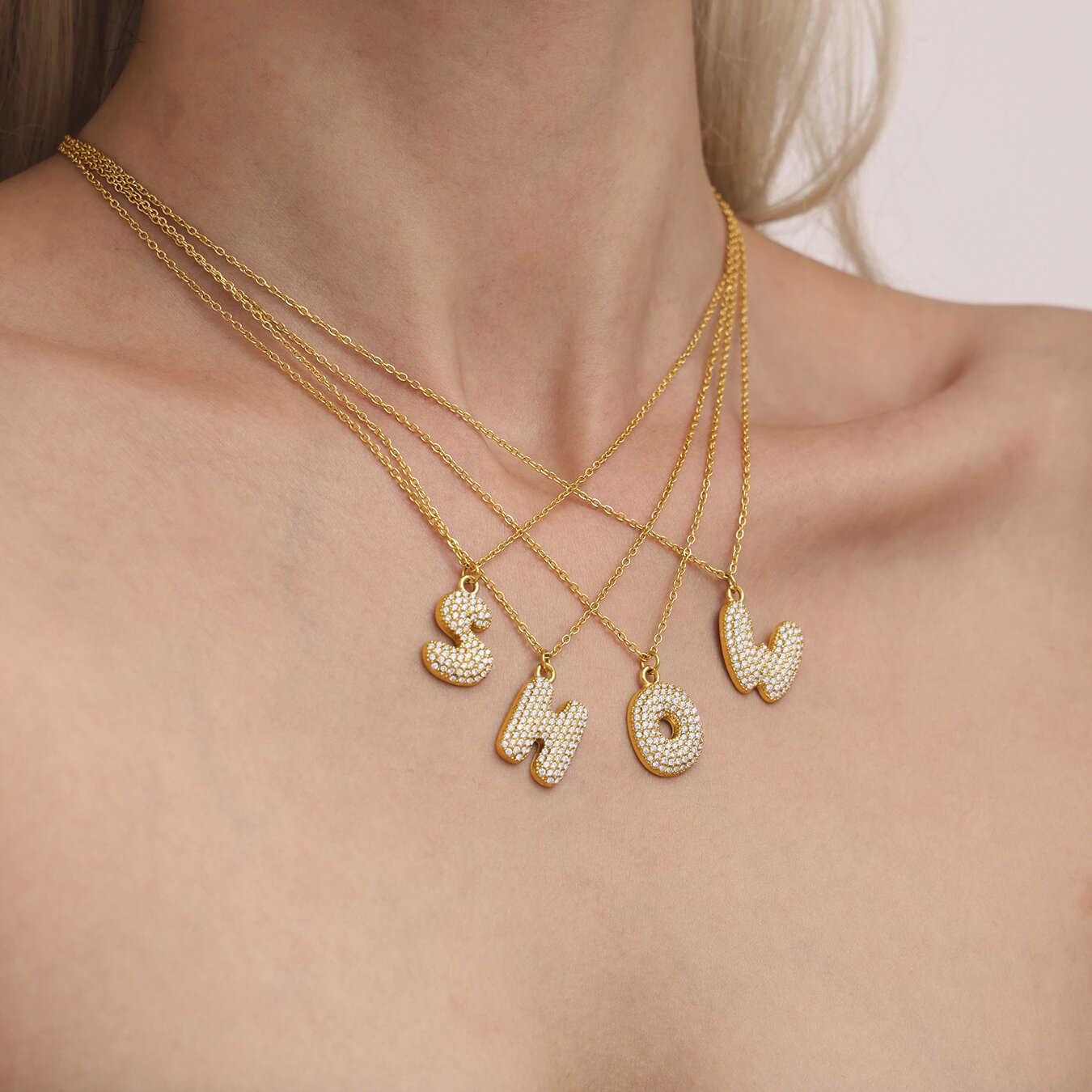 Casual Letter Stainless Steel Waterproof Gold Color Zircon Women's Pendant Necklaces h5 Picture2