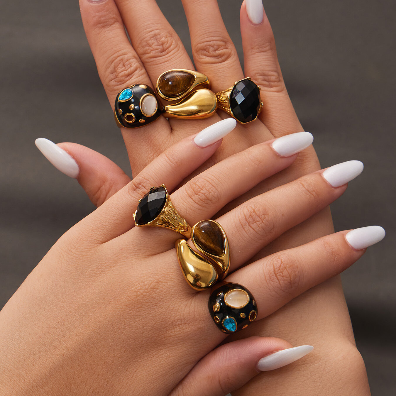 Retro Ellipse Shape Stainless Steel Waterproof Gold Color Natural Stone Glass Women's Gemstone Rings
