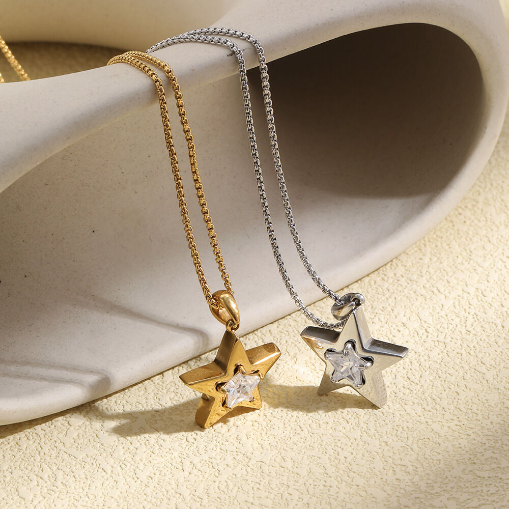 Simple Star Stainless Steel Waterproof Gold Color Zircon Women's Pendant Necklaces h5Picture3