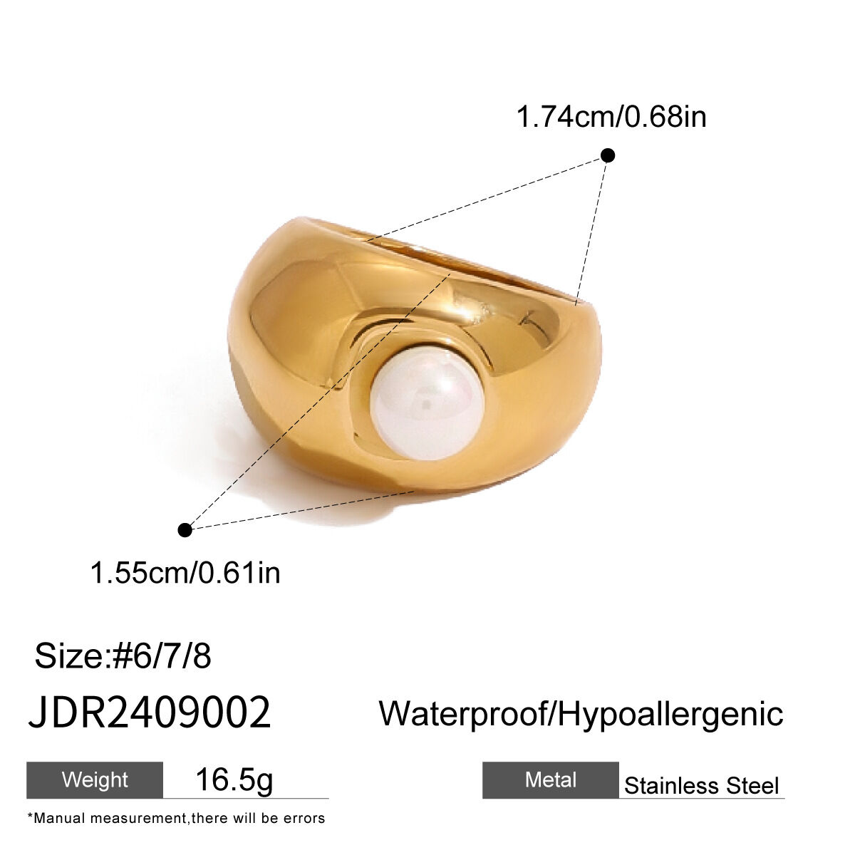 1 paio di anelli singoli da donna in acciaio inossidabile placcato oro con perle artificiali rotondi in della serie simple h5