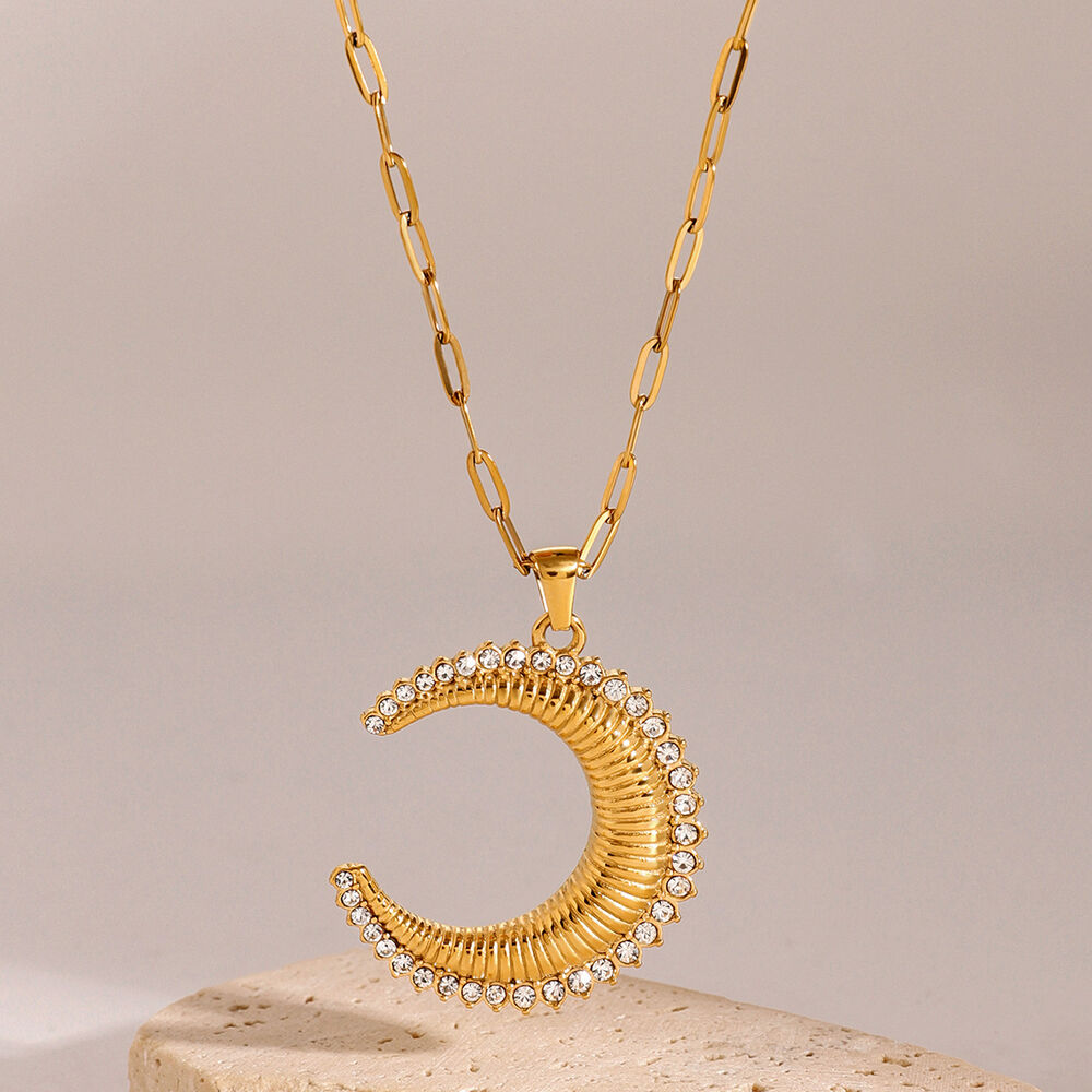 1 piece simple series punk sun/moon stainless steel gold plated rhinestone women pendant necklaces
