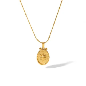 1 pièce de collier pendentif rond géométrique vintage classique en acier inoxydable plaqué or avec motif rose d'amour pour un usage quotidien pour femme h5