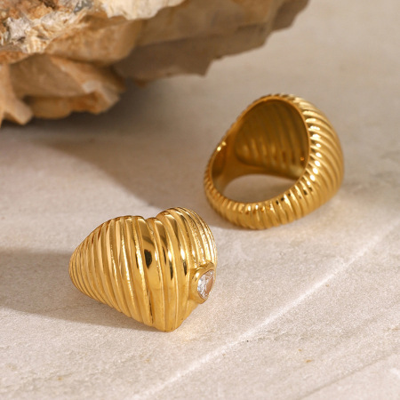 1 piece classic retro style conch shape stainless steel  gold inlay zircons women's single ring