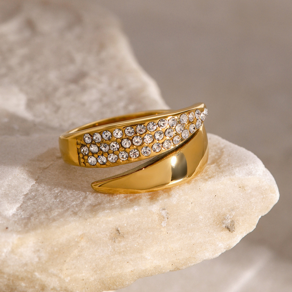 1 Pair Simple Series Retro Geometric Stainless Steel  Gold Plated Rhinestone Women Adjustable Rings Picture2